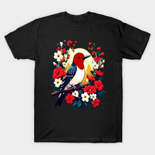 Cute Red Headed Woodpecker Surrounded by Vibrant Flowers T-Shirt